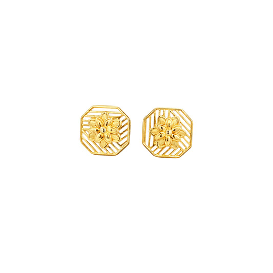 Octagonal Floral Gold Earrings
