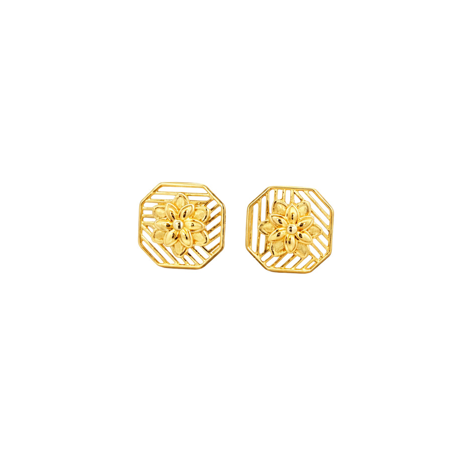 Octagonal Floral Gold Earrings