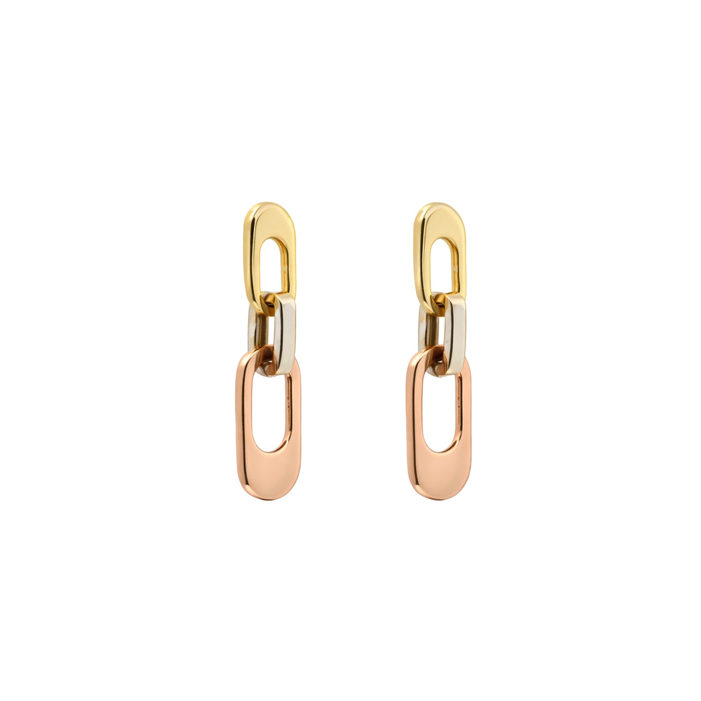 Tri-Tone Link Drop Gold Earrings