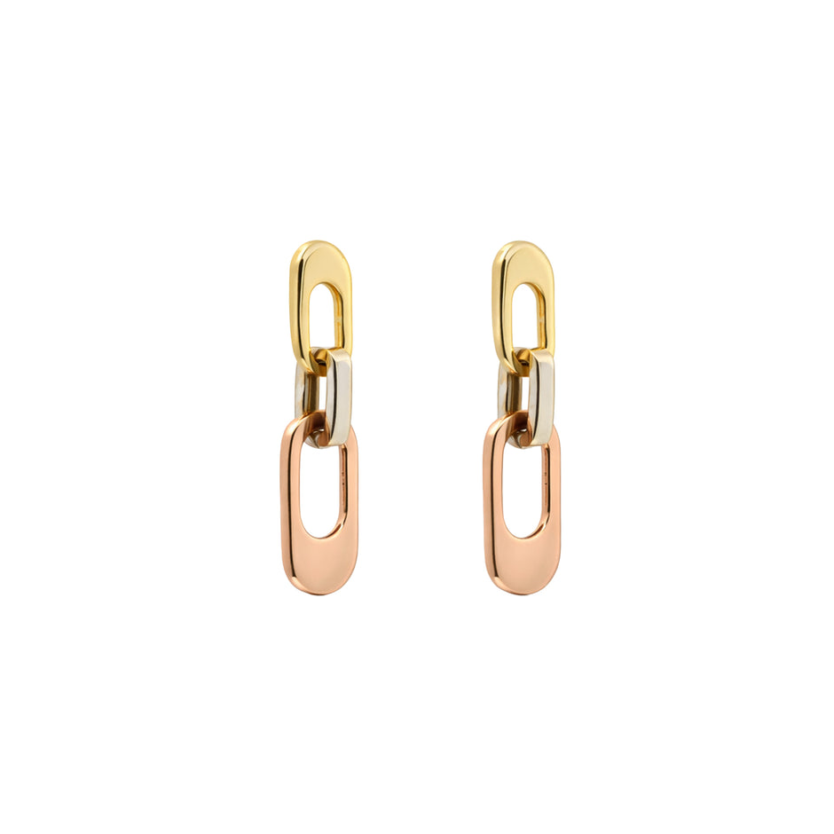 Tri-Tone Link Drop Gold Earrings
