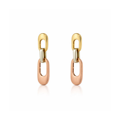 Tri-Tone Link Drop Gold Earrings
