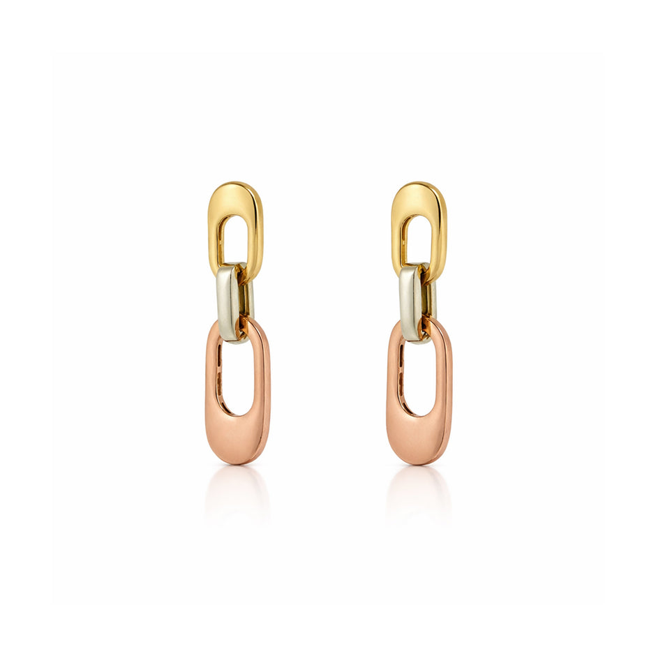 Tri-Tone Link Drop Gold Earrings