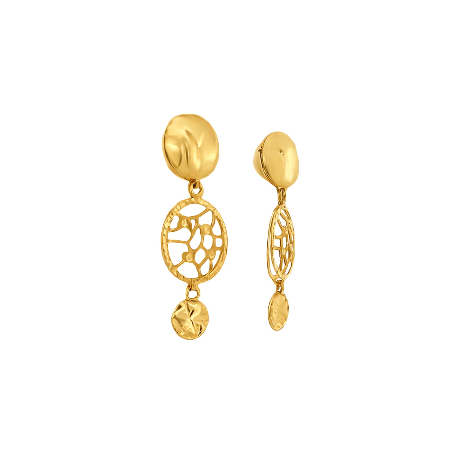 Textured Disc & Filigree Drop Gold Earring